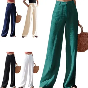 Pantaloni larghi in lino a vita alta da donna in blu navy beige nero bianco e verde smeraldo