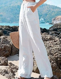 Pantaloni a gamba larga in lino bianco a vita alta con tasche per vacanze al mare