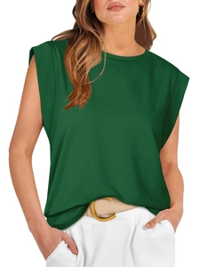 Detail view of dark green crew neck muscle tee featuring structured padded shoulders