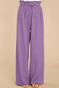 Detail of high waist purple cotton linen wide leg pants with pleated paperbag waist and belt