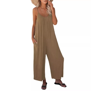Elegante tuta kaki a gamba larga per donna con spalline sottili e comode tasche