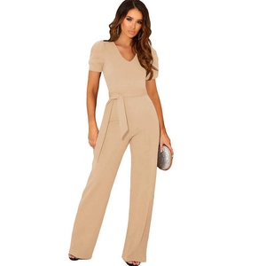 Elegant khaki short sleeve V-neck jumpsuit with waist tie and wide leg trousers
