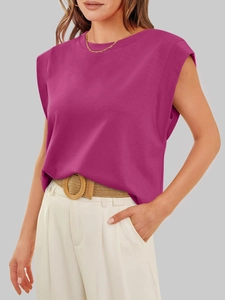 Detail of magenta crew neck muscle tee featuring padded shoulders and premium cotton texture
