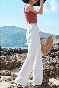 Pantaloni a gamba larga in lino bianco a vita alta per stile casual da spiaggia