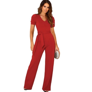Elegant red V-neck short sleeve wide leg jumpsuit with waist tie for women