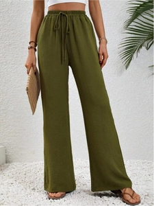 Pantaloni casual a gamba larga verde oliva con coulisse elastica e tessuto strutturato