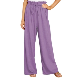 Detail of purple paperbag waist trousers showing linen texture and matching fabric belt