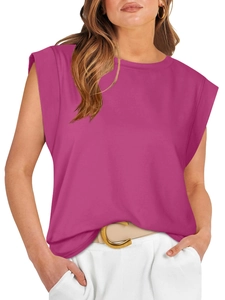 Detail of fuchsia muscle tank top featuring padded shoulders and round neckline fabric