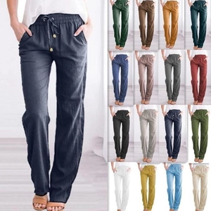 Pantalon Décontracté en Coton et Lin pour Femme Taille Haute avec Cordon Coupe Large Droite Couleur Unie Été Plage Mode Quotidienne