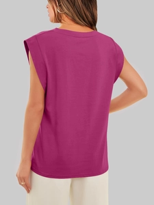 Back view of a casual loose fuchsia crewneck sleeveless t-shirt for women in cotton blend