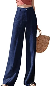 Dettaglio dei pantaloni in lino blu navy a vita alta con gamba larga e bottone in metallo