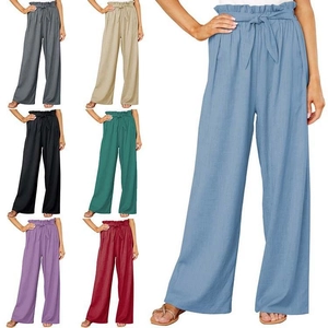 Women's High Waisted Wide Leg Pants Cotton Linen Paperbag Waist Trousers Casual Loose Tie Front Long Pants Plus Size Slacks