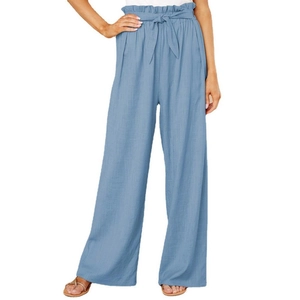 Women's light blue wide-leg linen pants with high-waist paperbag tie and flowy drape