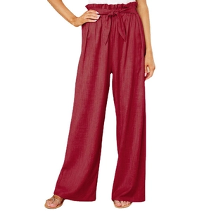 Women's high waist paperbag linen wide leg trousers in deep burgundy wine red