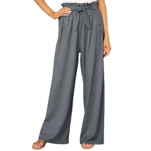 Women's high waist loose wide leg cotton linen trousers in grey with bow tie belt