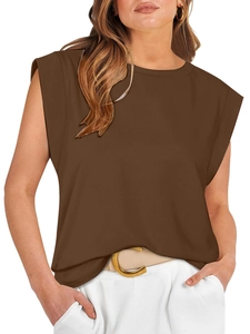 Detail view of deep brown sleeveless T-shirt with padded shoulders and crew neck design