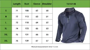 Detailed size chart for men's long sleeve quarter-zip pullover in navy blue