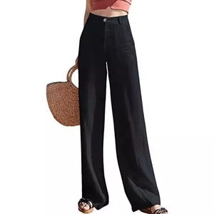 Pantaloni larghi neri in lino a vita alta da donna con un taglio casual e vestibilità comoda