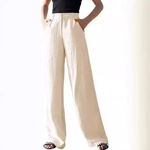 Pantaloni da donna in cotone e lino a vita alta e gamba larga bianco crema