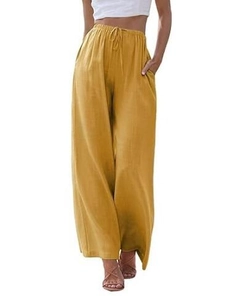 Pantaloni a gamba larga in lino giallo con vita elastica a coulisse e tasche laterali