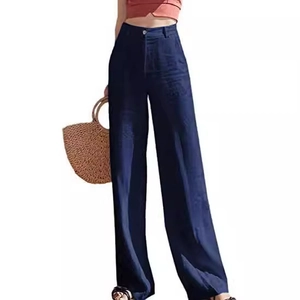 Pantaloni larghi da donna in lino blu scuro a vita alta per un look estivo da vacanza