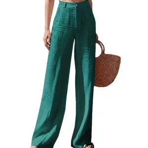 Pantaloni a gamba larga in lino verde scuro a vita alta, vestibilità ampia e fluida