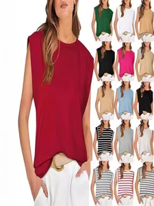 Women Plus Size Muscle Tee Sleeveless Round Neck T-Shirt With Shoulder Pads Casual Loose Plain Solid Color Polyester Top