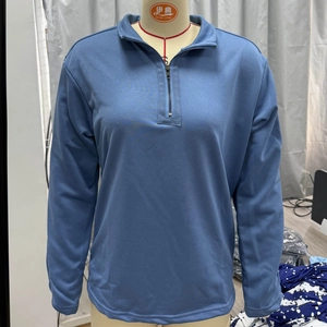 Detail of greyish-blue half-zip pullover showing stand collar and fine knitted texture