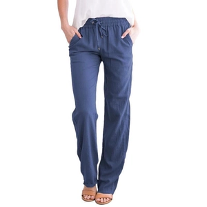 Pantalon large bleu marine en coton et lin avec taille élastique à cordon et poches latérales