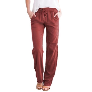 Pantalon large décontracté en coton et lin rouge rouille avec cordon de serrage
