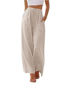 Dettaglio dei pantaloni a vita alta con coulisse regolabile e fascia elastica in vita