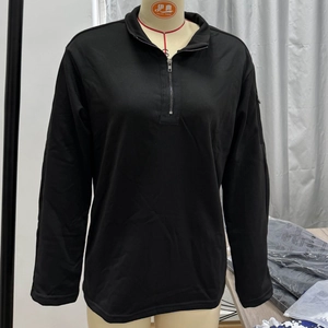Detail view of black quarter-zip sweatshirt with stand collar and metallic zipper