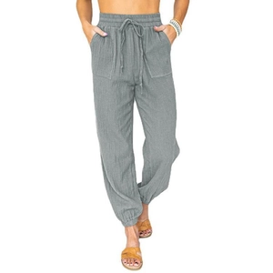 Women's casual high-waisted grey jogger pants with drawstring and large pockets