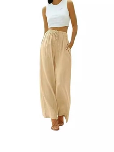 Pantaloni larghi in lino da donna con vita alta e coulisse in colore beige