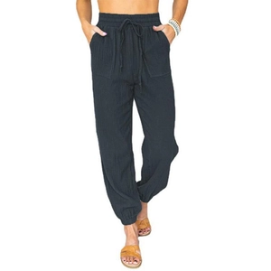 Women's high waist drawstring ankle pants in charcoal grey casual texture style