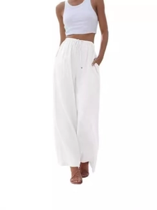 Pantaloni a gamba larga in lino bianco a vita alta da donna con coulisse e tasche per l'estate