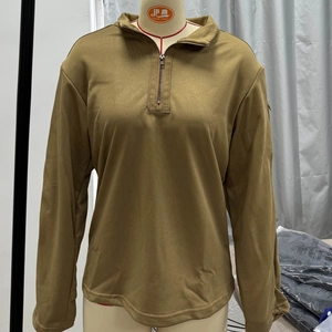 Detail of khaki half-zip sweatshirt featuring a utility zipper pocket on the left sleeve