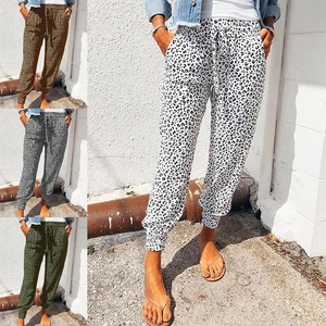 Women's Casual Leopard Print Jogger Pants Elastic Drawstring Waist Side Pockets Loose Full Length Cuffed Trousers Fashion Bottoms