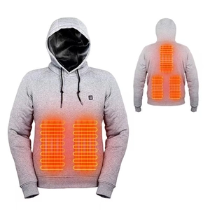 Grey heated USB hoodie with 5 heating zones shown from front and back views