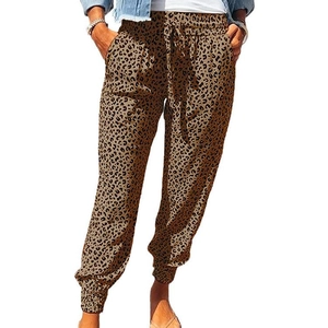Women's leopard print joggers with drawstring waist and elastic cuffs in brown and black