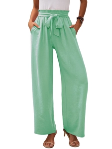 Vista dettagliata dei pantaloni verde menta da donna a vita alta con cintura a fiocco
