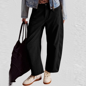 Detail shot of black corduroy fabric texture and high waist fit on women's pants