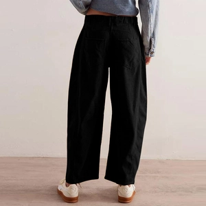 Detailed back view of women's black corduroy wide leg pants with high elastic waist and pockets