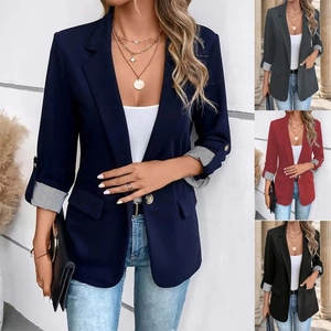 Women Slim Fit Casual Blazer Jacket Open Front Three Quarter Sleeve Suit Outerwear Professional Commuter Office Top