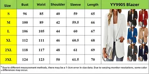 Detailed size chart for women slim fit blazer showing S to 3XL measurements in centimeters
