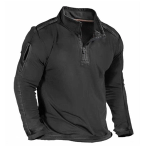 Men's black tactical long sleeve T-shirt with quarter-zip standing collar and arm pocket