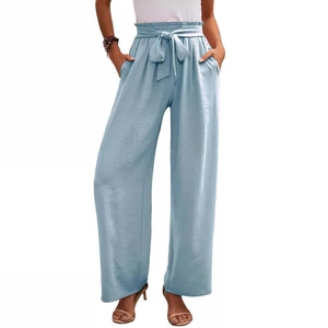 Pantaloni a gamba larga azzurri a vita alta paperbag con cintura a fiocco regolabile