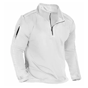 White long sleeve tactical shirt with quarter zip collar and sleeve zip pocket