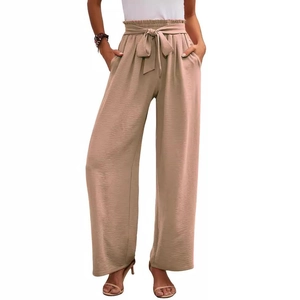 Pantaloni casual donna gamba larga vita alta marrone chiaro con cintura a fiocco