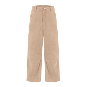 Detail of light camel high waist corduroy trousers showing button closure and fabric texture